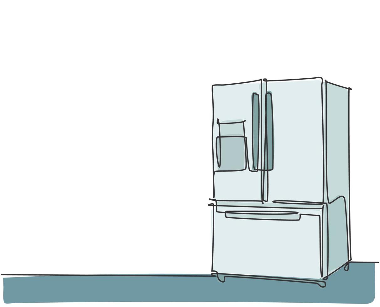 Un dibujo de linea continua de un electrodoméstico electrodoméstico de lujo con refrigerador de tres puertas. concepto de plantilla de gadget de hogar de electricidad. Ilustración gráfica de vector de diseño de dibujo de línea única de moda