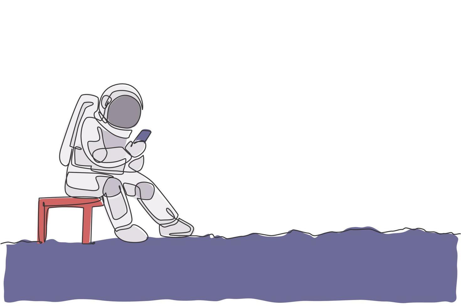 One continuous line drawing of young spaceman on spacesuit siting on chair and texting using handphone. Astronaut business office with deep space concept. Single line draw design vector illustration