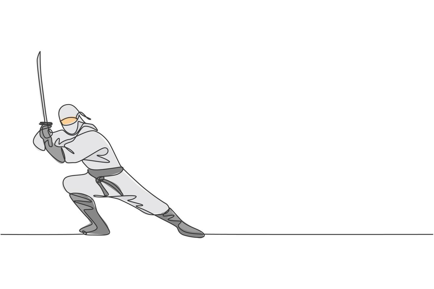 dibujo de una sola línea continua de un joven guerrero ninja de la cultura japonesa disfrazado de máscara con pose de posición de ataque. concepto de samurai de lucha de artes marciales. ilustración de vector de diseño de dibujo de una línea de moda