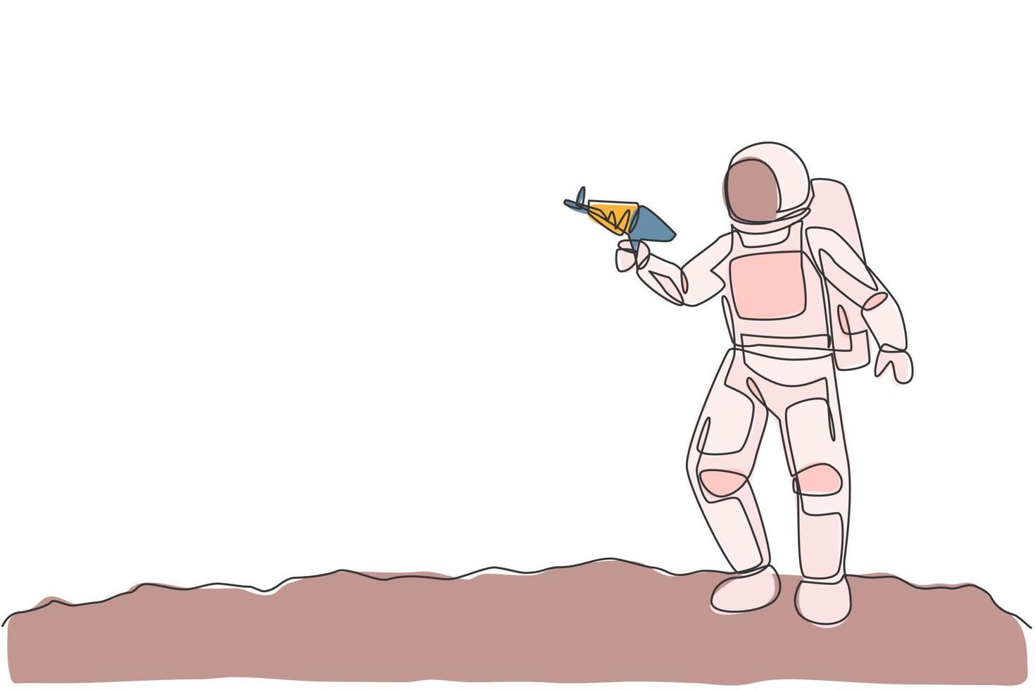 dibujo de una sola línea continua de un joven astronauta sosteniendo una pistola láser espacial y posar para disparar en la superficie de la luna. concepto del espacio exterior del cosmonauta. Ilustración de vector gráfico de diseño de dibujo de una línea de moda