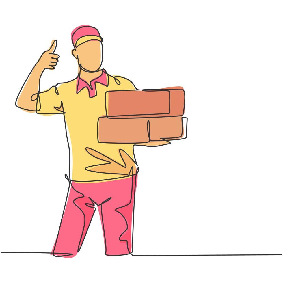 One line drawing of young happy delivery man gives thumbs up gesture while lift up carton box packages to customer. Delivery service business concept. Continuous line draw design vector illustration