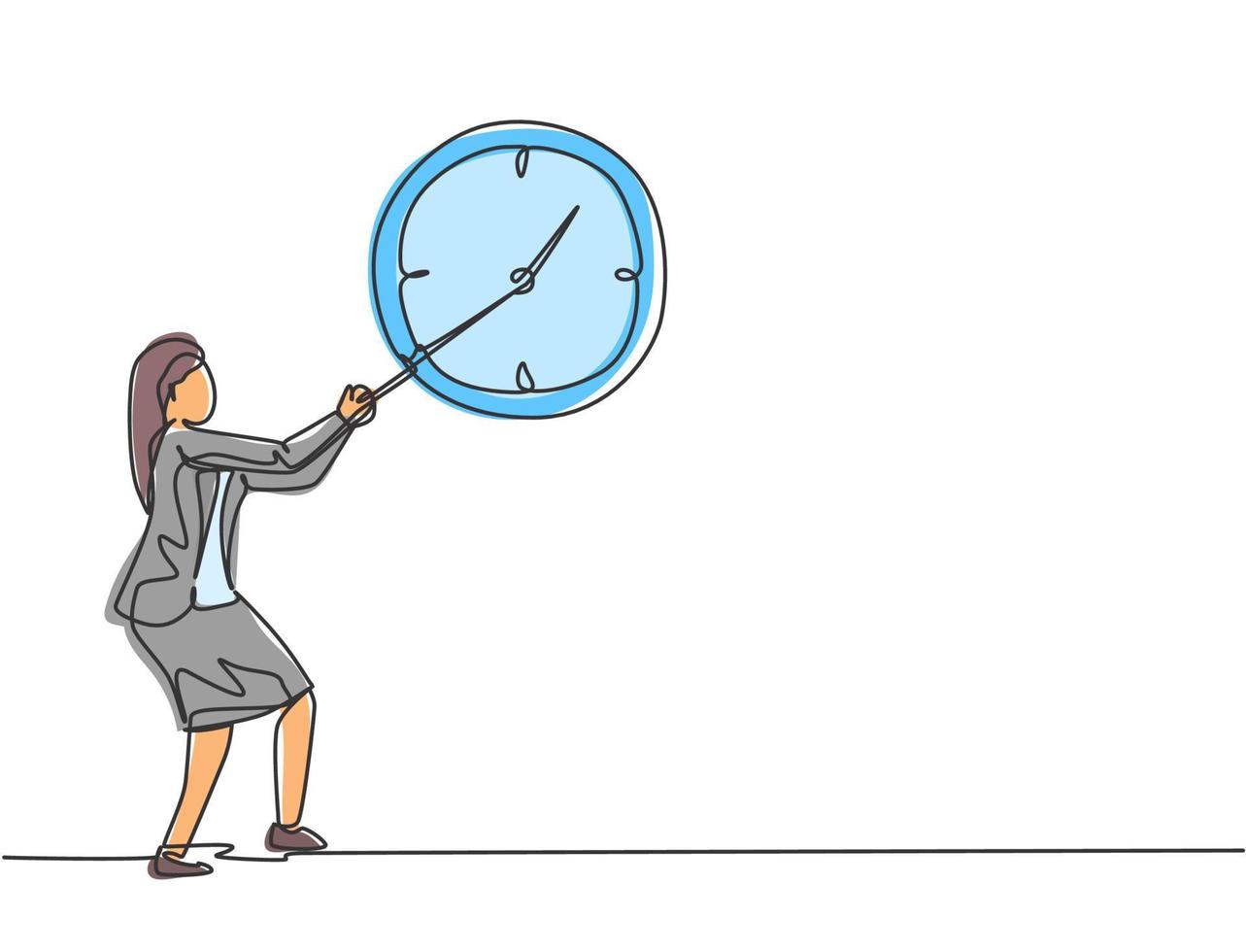 Continuous one line drawing young woman worker pulling clockwise of big analog wall clock with rope. Time management business minimalist concept. Single line draw design vector graphic illustration.