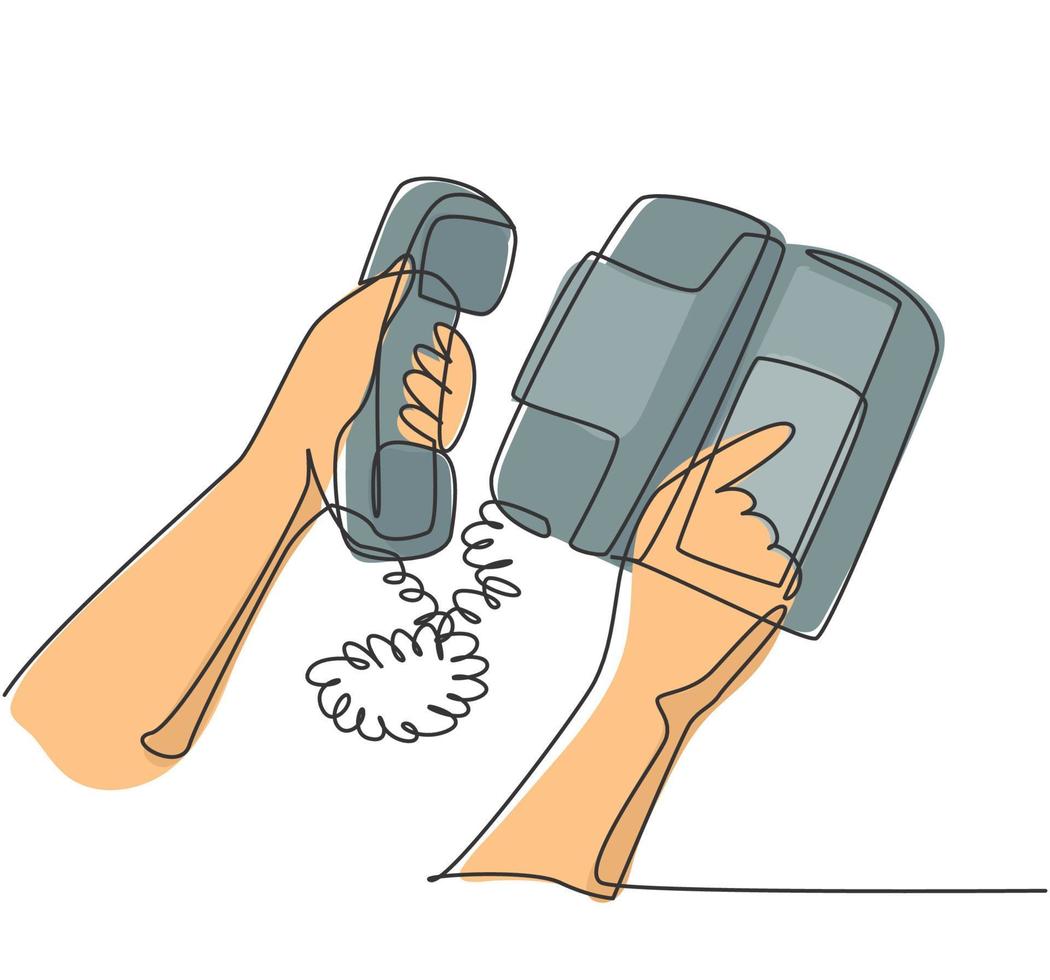 un dibujo de una sola línea del gesto de la mano del dedo marque el botón del número de teléfono clásico clásico. antiguo concepto de teléfono analógico retro. Ilustración de vector gráfico de diseño de dibujo de línea continua de moda