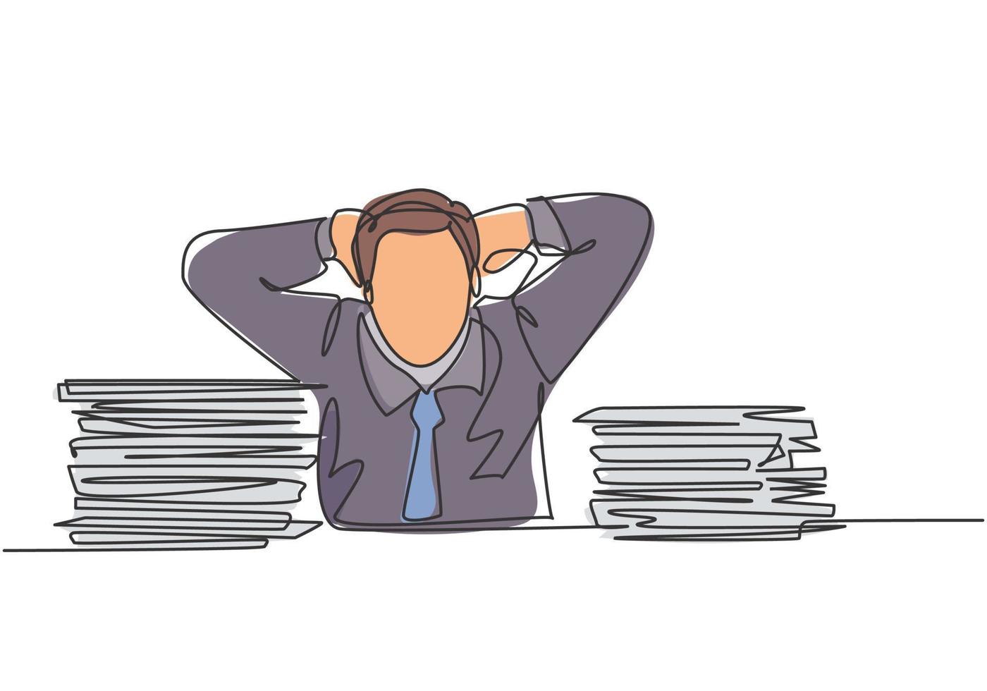 Single continuous line drawing of young frustrated businessman got headache facing pile of papers project on his desk. Overtime work at the office concept one line draw design vector illustration