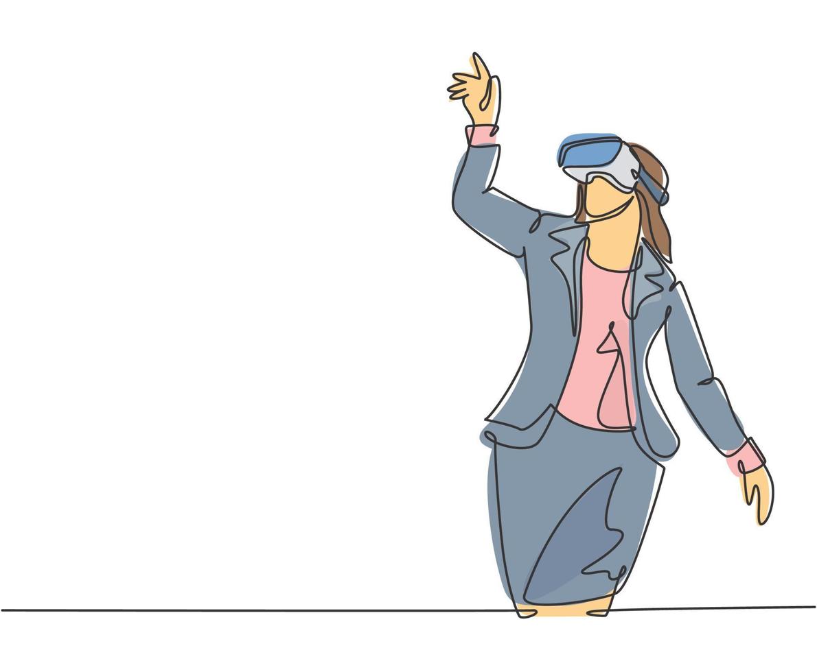 One single line drawing of young happy gamer business woman wearing virtual reality glasses and pointing finger. Smart technology futuristic game player concept continuous line draw vector design