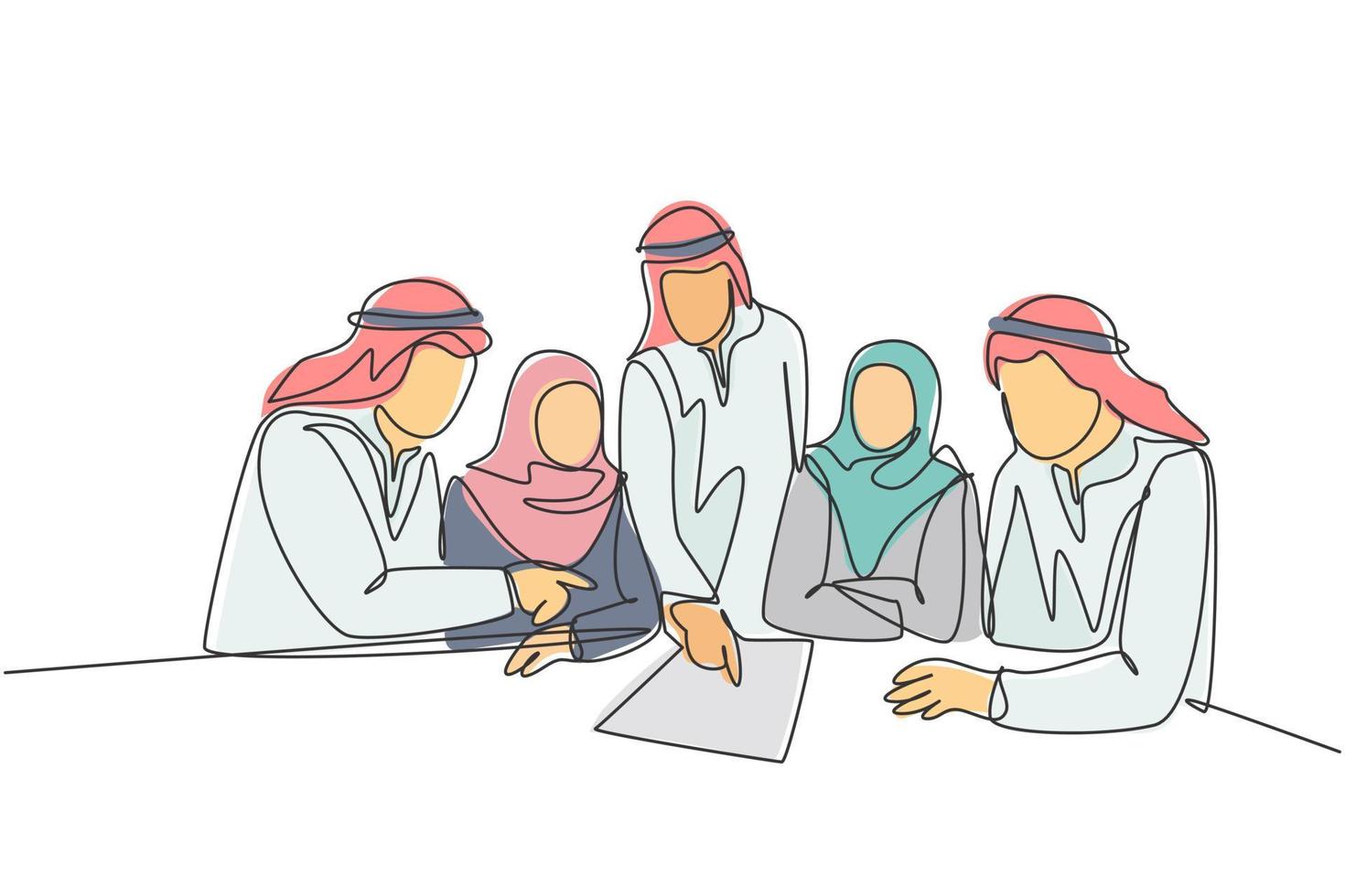 un dibujo de línea continua de jóvenes empresarios musulmanes discutiendo juntos un proyecto de acuerdo mientras se reúne el equipo. ropa islámica shemag, bufanda, hijab. Ilustración de vector de diseño de dibujo de una sola línea