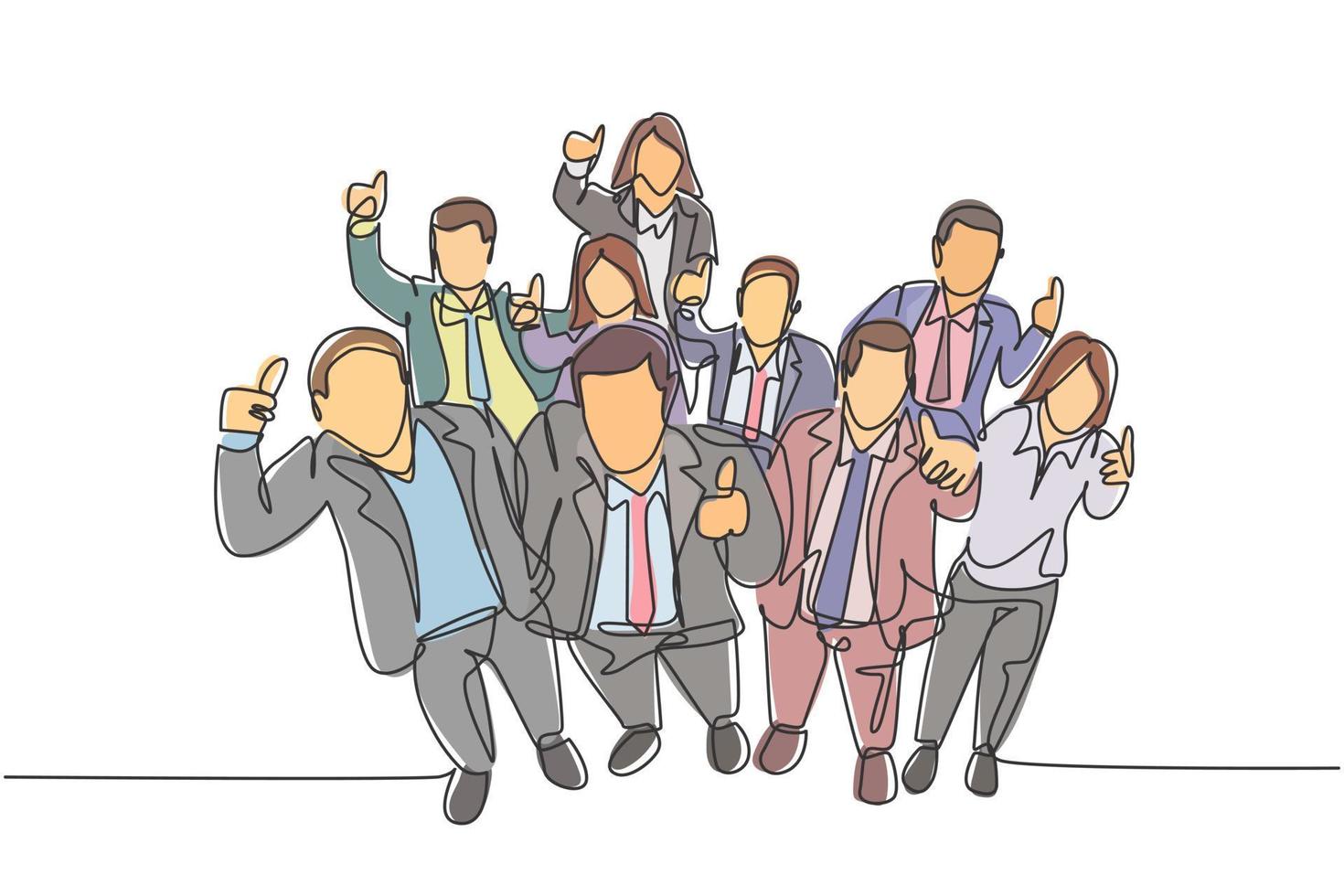 One single line drawing of young happy male and female managers raise their hand into the air and giving thumbs up gesture. Business celebration concept continuous line draw design vector illustration