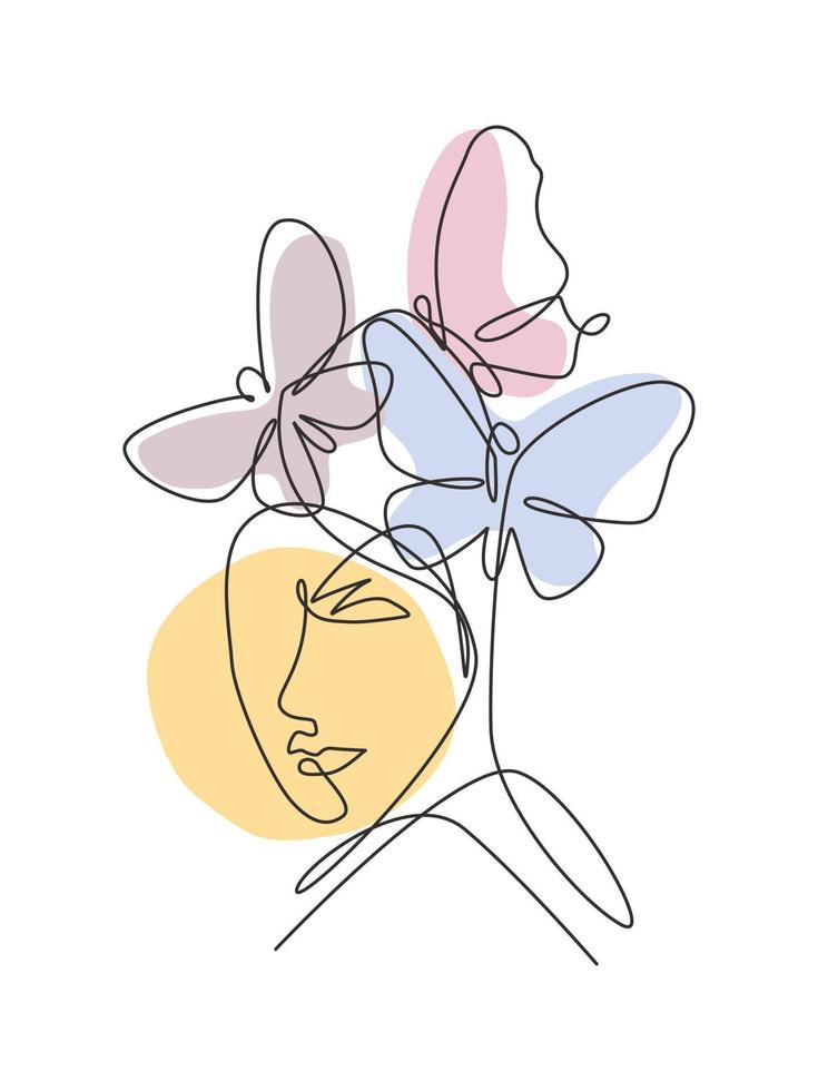 One single line drawing woman with butterfly line art vector illustration. Female abstract face butterfly botany portrait minimalistic print style concept. Modern continuous line draw graphic design