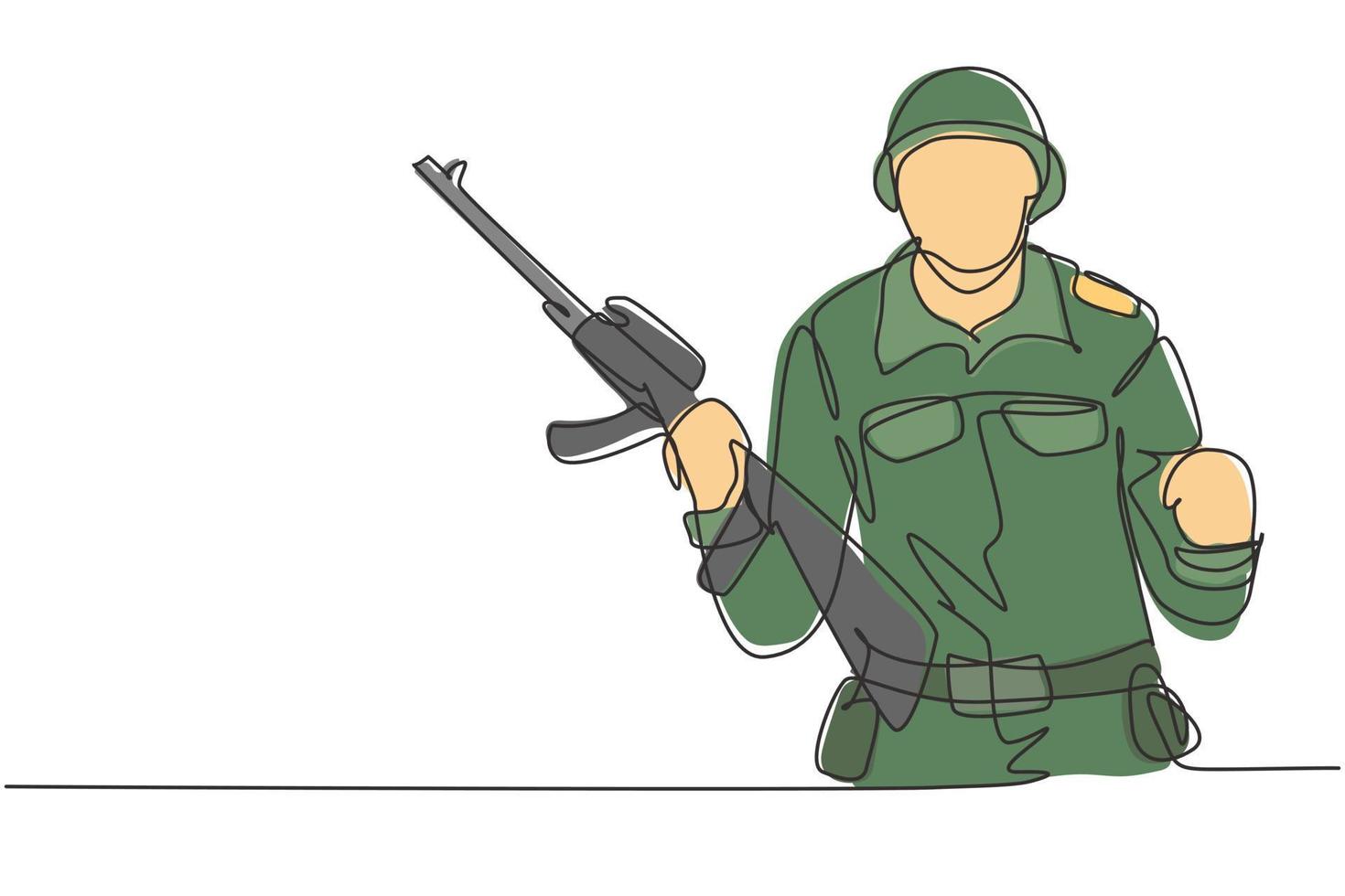 soldado de dibujo continuo de una línea con arma, uniforme completo y gesto de celebración está listo para defender el país en el campo de batalla contra el enemigo. Ilustración gráfica de vector de diseño de dibujo de una sola línea