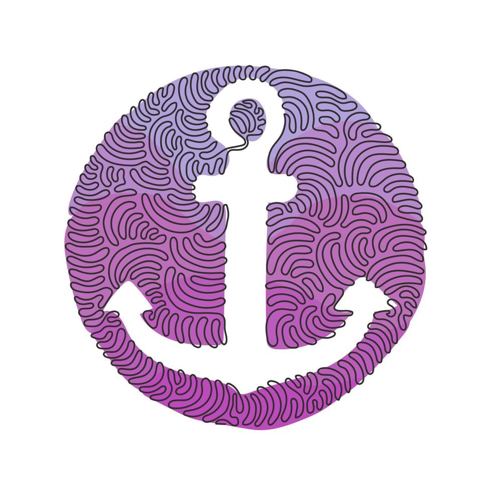 icono de ancla de dibujo de línea continua única. barco o barco ancla silueta, símbolo marino, señal de seguridad. logotipo de océano o mar. estilo del fondo del círculo del rizo del remolino. vector de diseño gráfico de dibujo de una línea