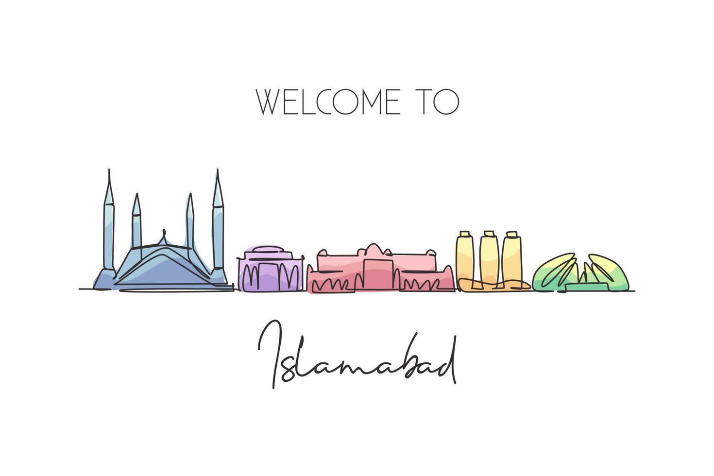 One continuous line drawing of Islamabad city skyline, Pakistan. Beautiful city landmark. World landscape tourism and travel vacation. Editable stylish single line draw design vector art illustration