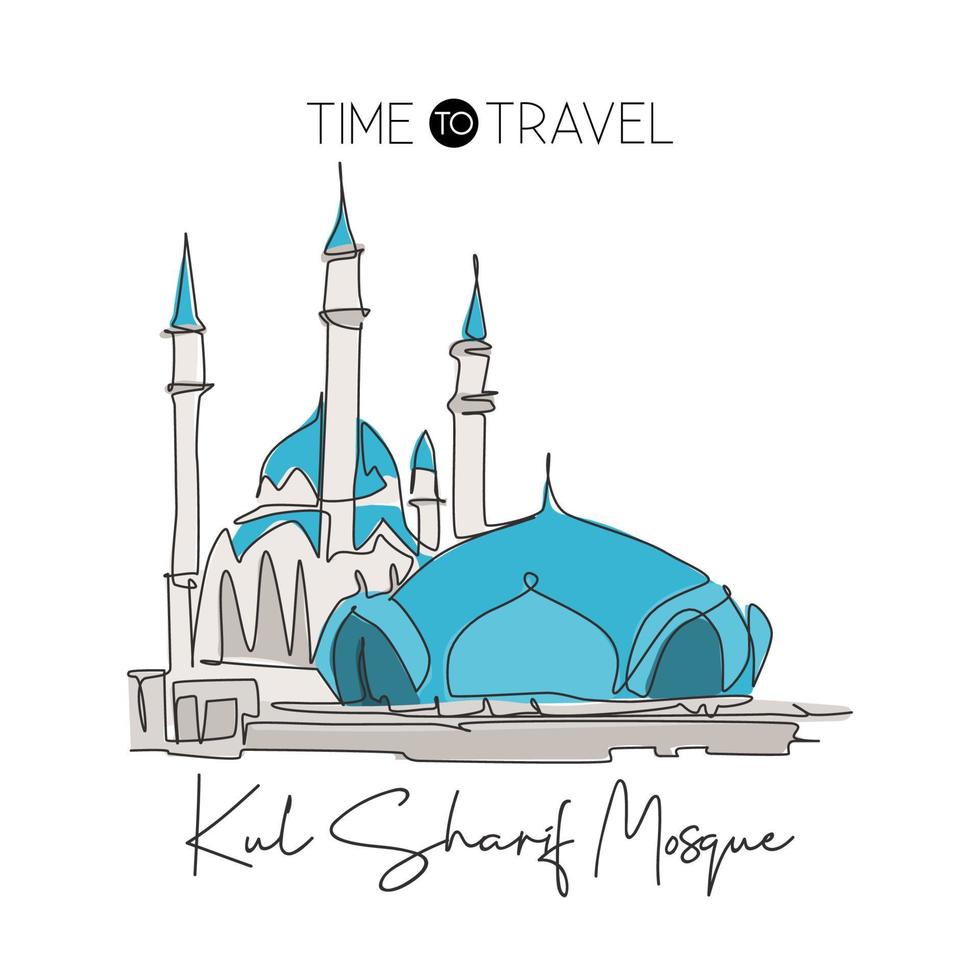 Single continuous line drawing Kul Sharif Mosque landmark. Beautiful famous place in Kazan Russia. World holy place home wall decor poster art concept. Dynamic one line draw design vector illustration