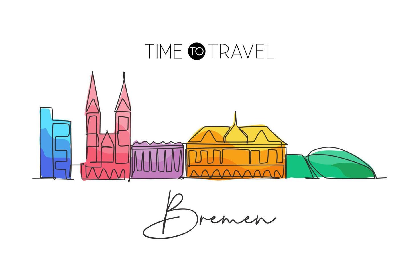 One single line drawing Bremen city skyline, Germany. Historical skyscraper landscape in world. Best holiday home wall decor destination poster. Trendy continuous line draw design vector illustration