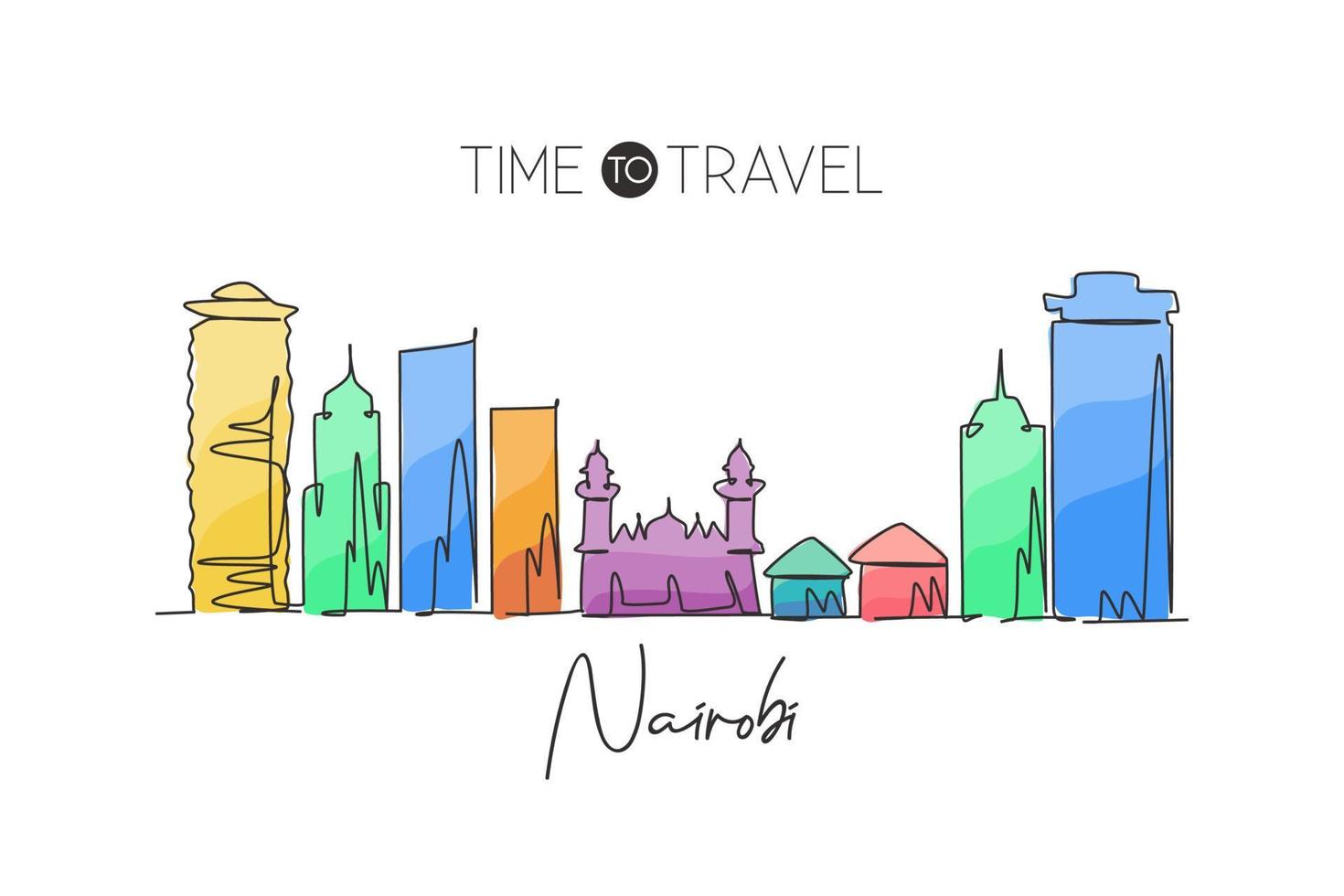 One continuous line drawing Nairobi city skyline, Kenya. Beautiful landmark postcard. World landscape tourism and travel vacation. Editable stylish stroke single line draw design vector illustration