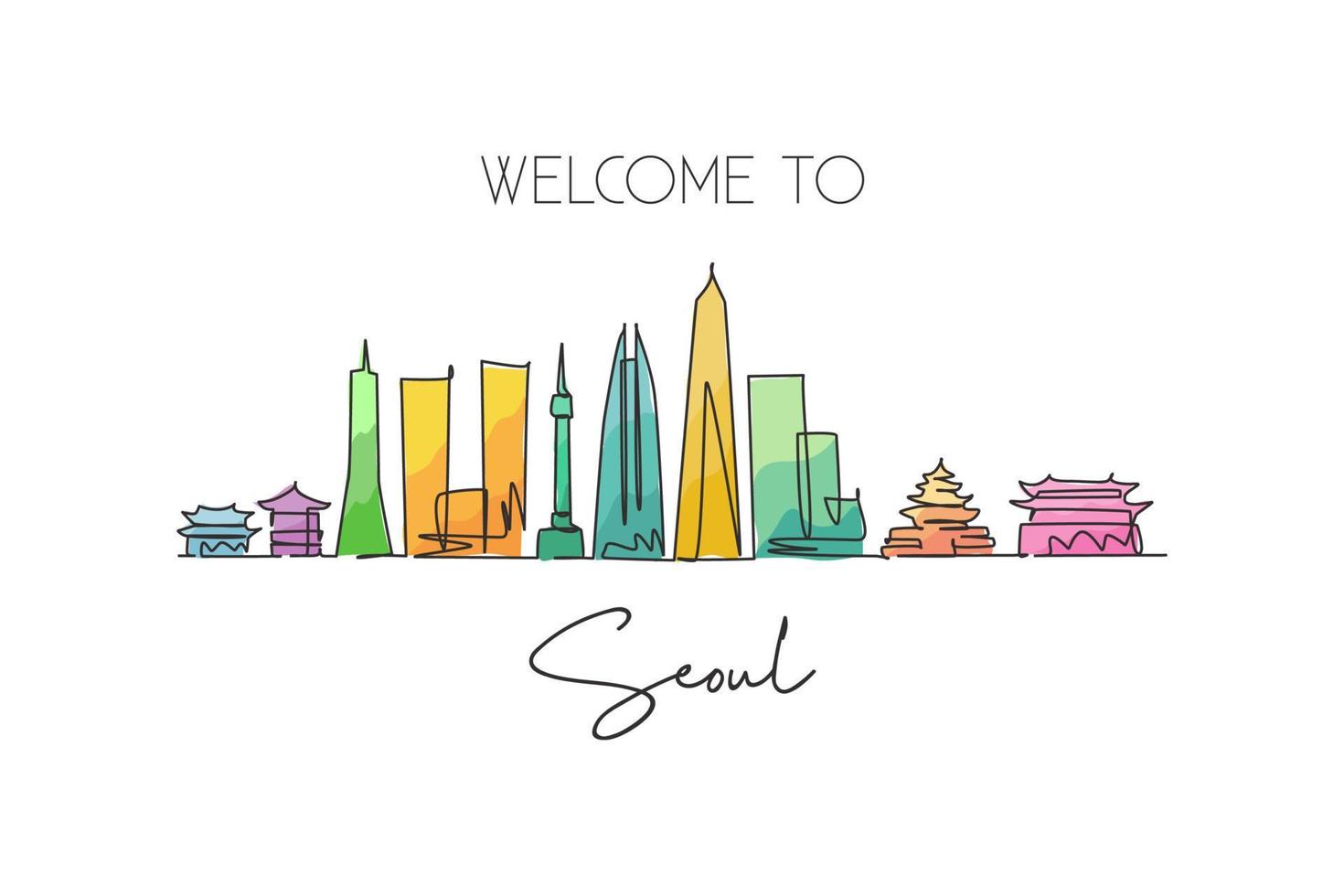 un dibujo de una sola línea del horizonte de la ciudad de seúl, corea del sur. impresión de postal de paisaje de ciudad mundial. mejor destino de vacaciones lugar. ilustración de vector de diseño de dibujo de línea continua de moda de trazo editable