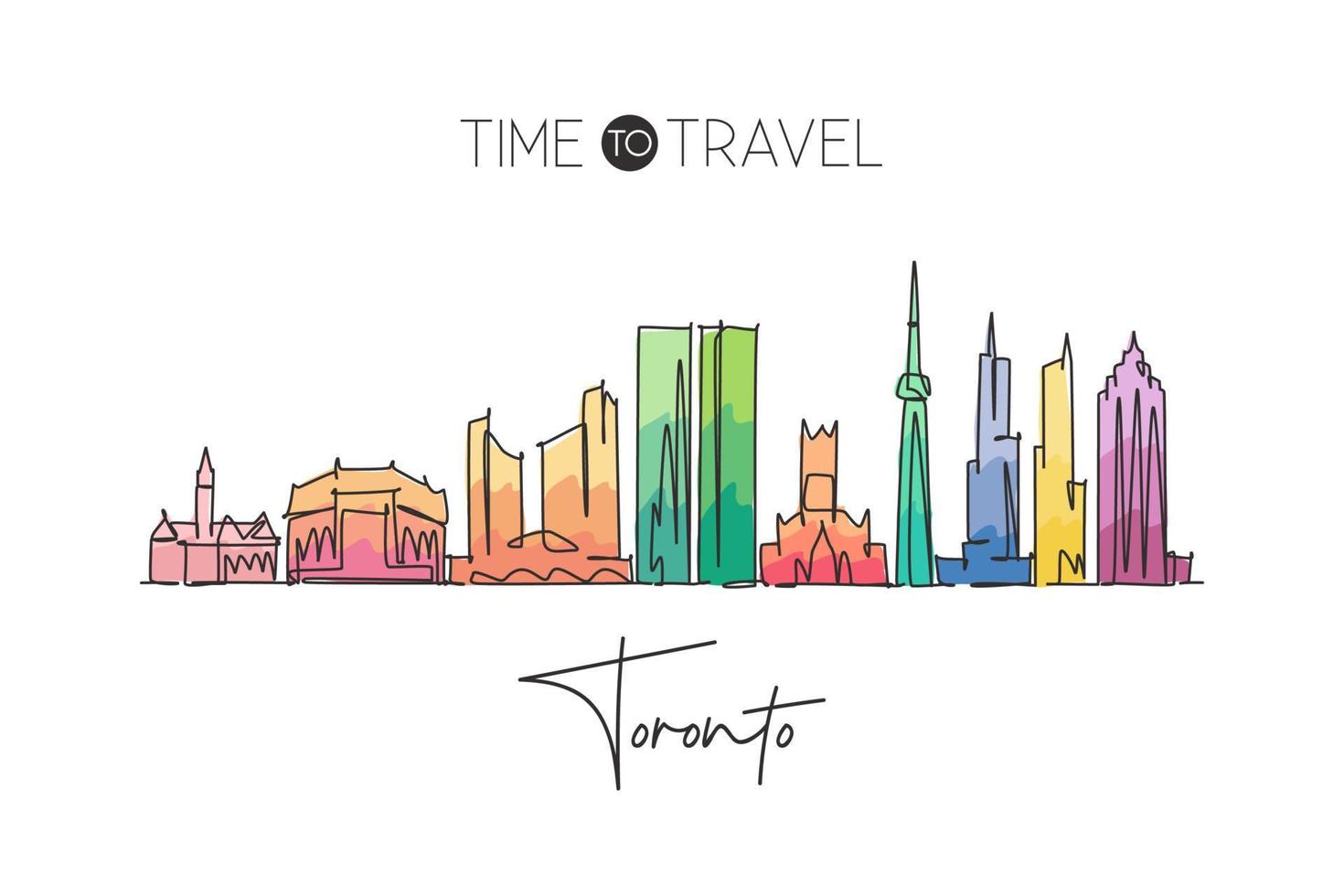 One single line drawing of Toronto city skyline, Canada. World historical town landscape. Best holiday destination home wall decor poster print. Trendy continuous line draw design vector illustration