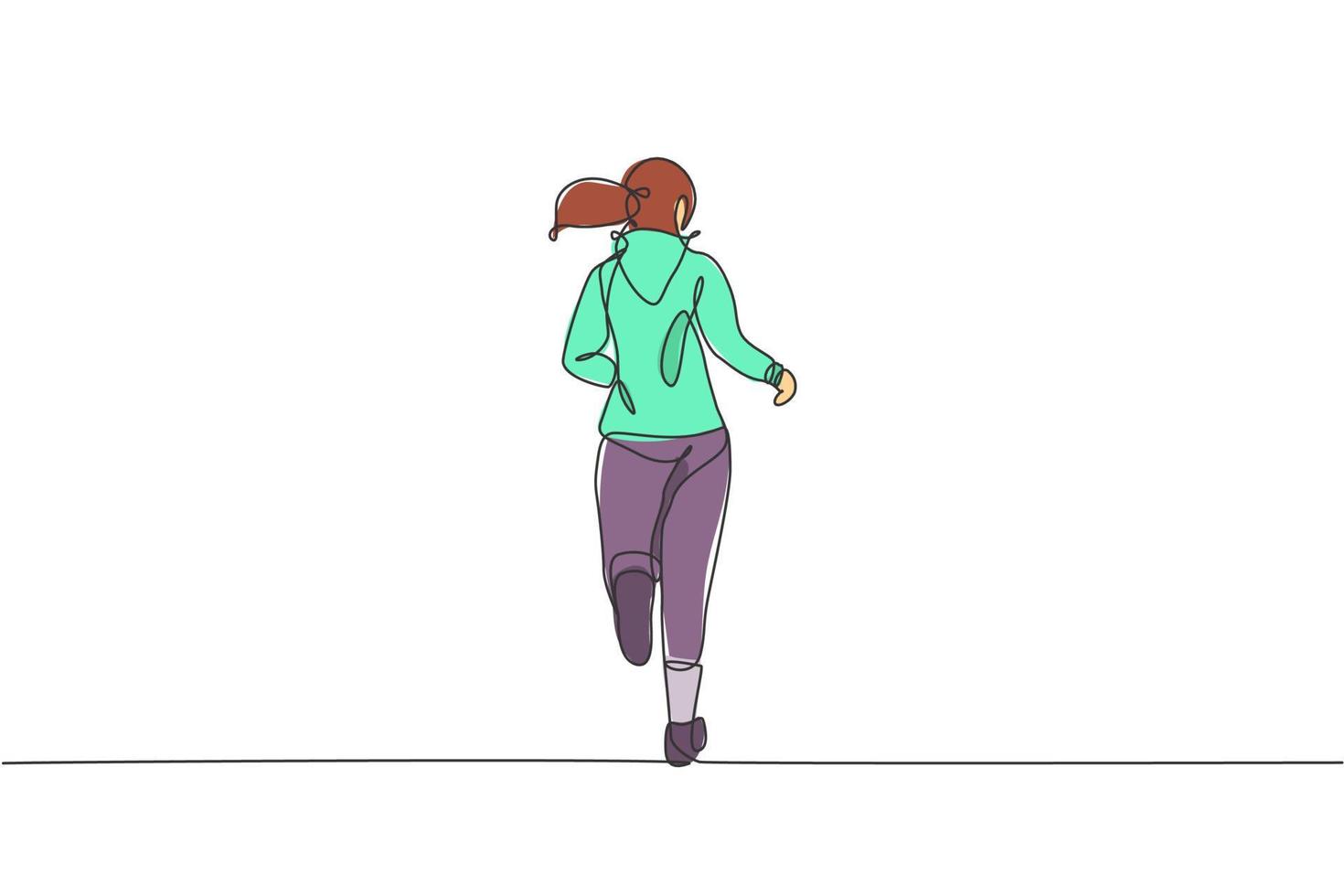 soltero continuo línea dibujo de joven contento salud corredor mujer relajarse corriendo en campo. divertido deporte trotar y sano estilo de vida concepto. de moda uno línea dibujar diseño vector ilustración gráfico