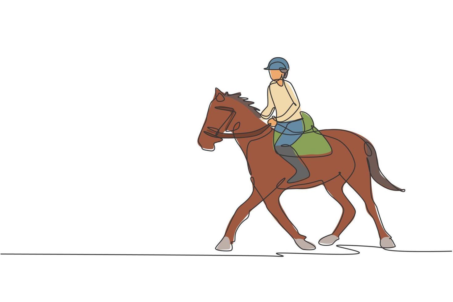 One continuous line drawing of young horse rider man in action. Equine training at racing track. Equestrian sport competition concept. Dynamic single line draw design vector illustration graphic