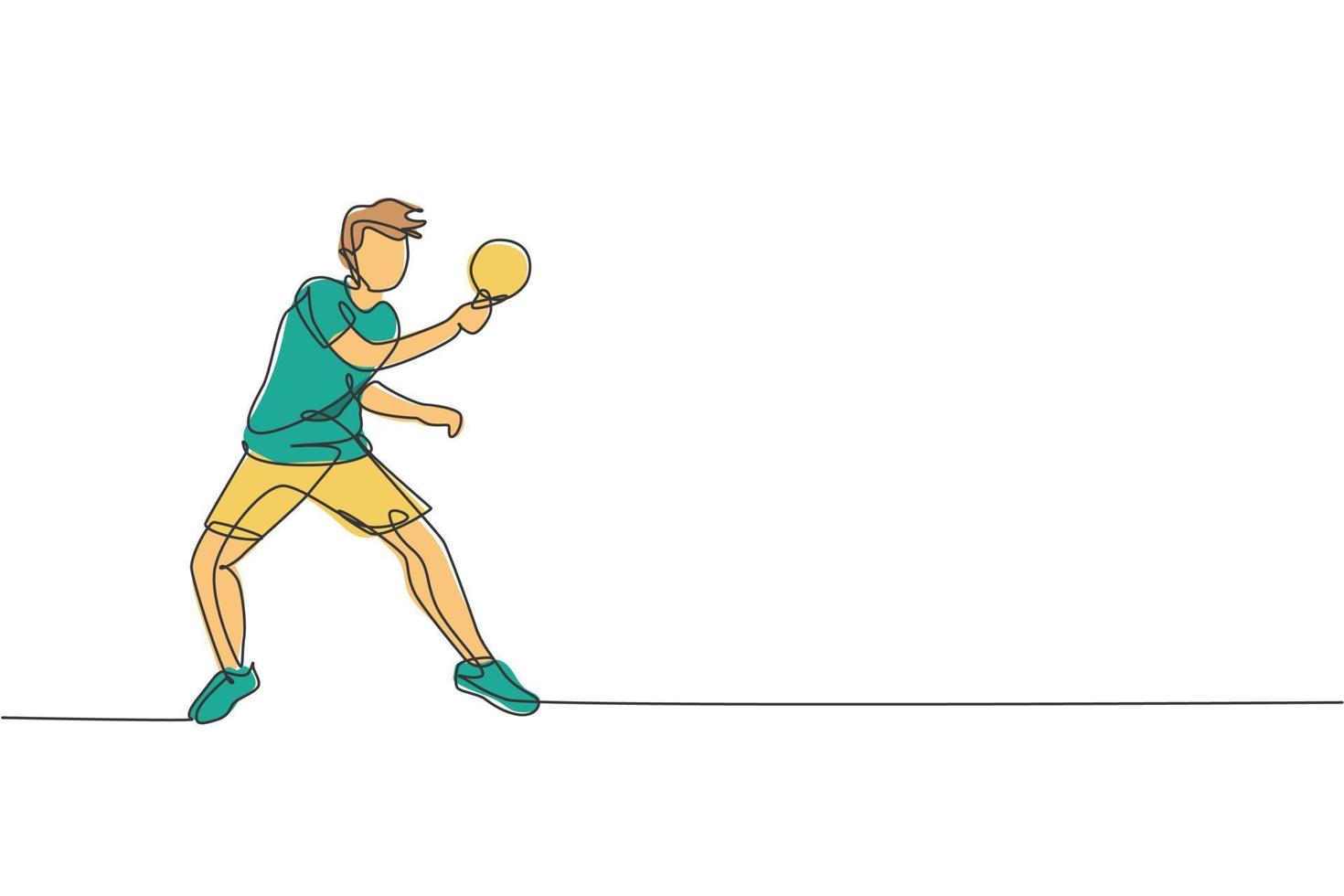 One continuous line drawing of young sporty man table tennis player practice to hit the ball. Competitive sport concept. Single line draw design vector illustration for ping pong championship poster