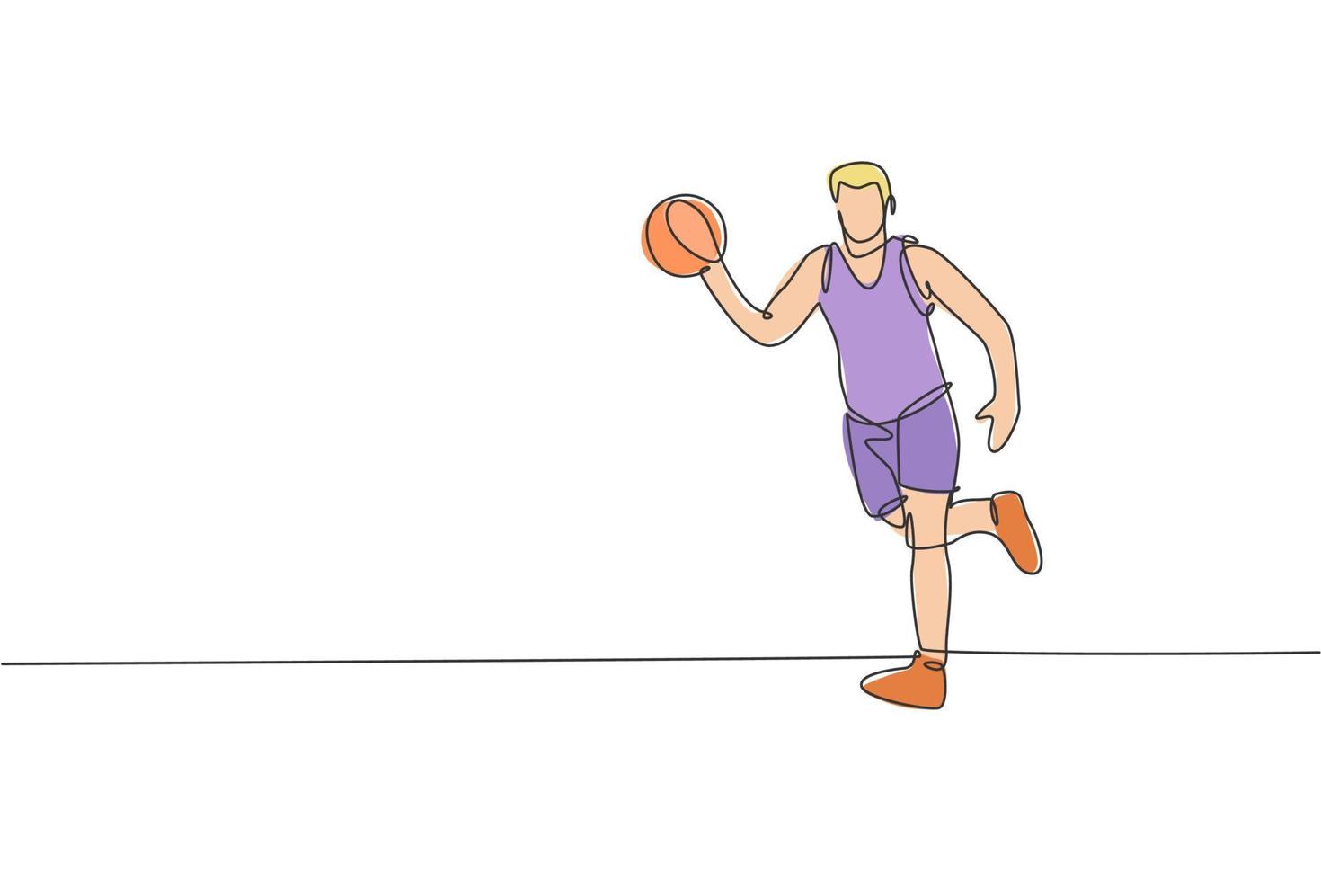 dibujo de una sola línea continua de un joven jugador de baloncesto saludable que regatea la pelota. concepto de deporte competitivo. ilustración vectorial de diseño de dibujo de una línea de moda para los medios de promoción del torneo de baloncesto vector