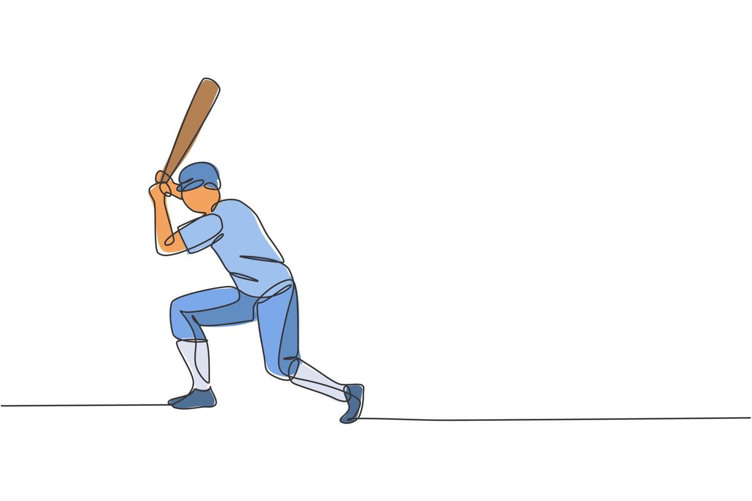 un dibujo de línea continua de la práctica de un joven jugador de béisbol deportivo para golpear la pelota en la cancha. concepto de deporte competitivo. ilustración de vector de diseño de dibujo de línea única dinámica para cartel de promoción