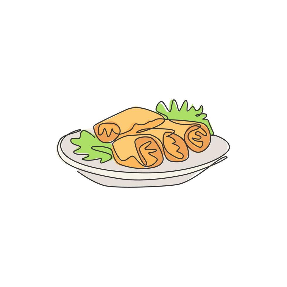 Single continuous line drawing of stylized Chinese spring roll on plate logo label.  Asian restaurant concept. Modern one line draw design vector illustration for cafe, shop or food delivery service
