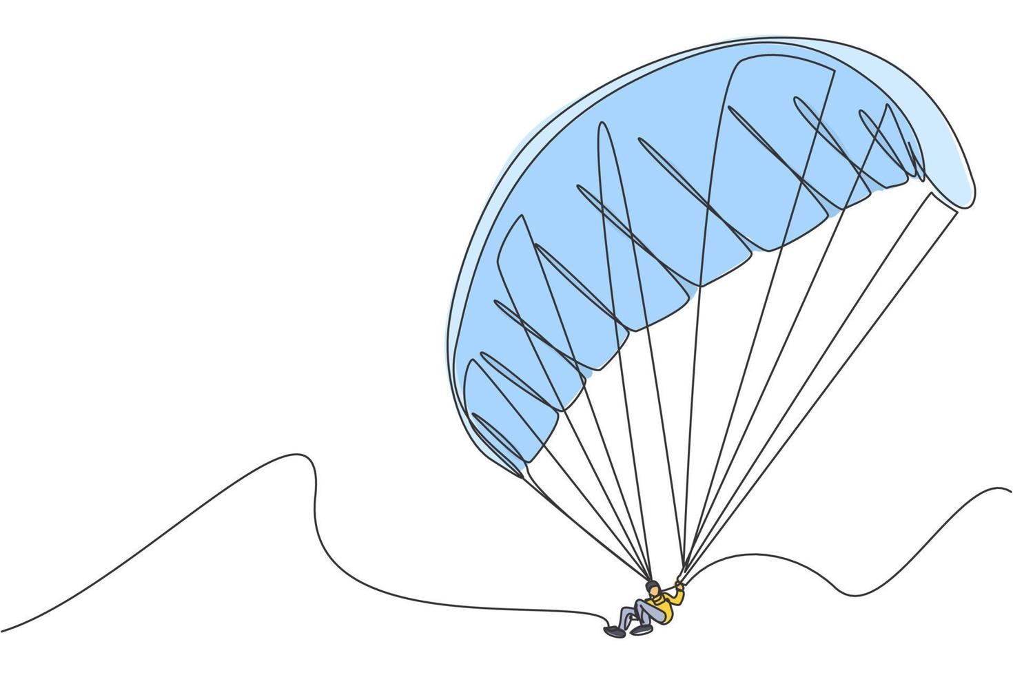 dibujo de una sola línea continua de un joven turista volando con paracaídas en parapente en el cielo. concepto de deporte de vacaciones de vacaciones extremas. ilustración gráfica de vector de diseño de dibujo de una línea de moda