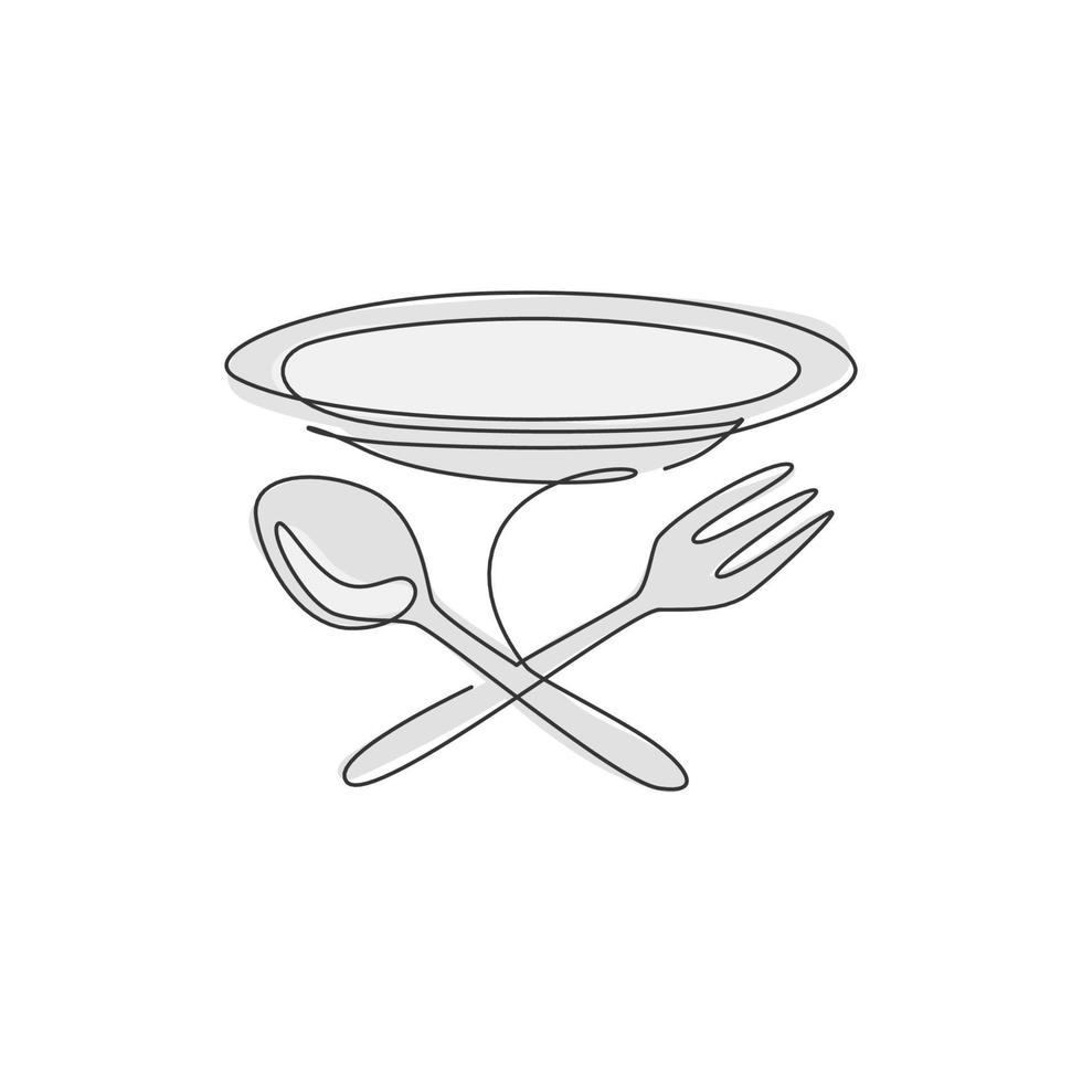 Single continuous line drawing stylized plate, fork and spoon for cafe logo label. Emblem elegant restaurant concept. Modern one line draw design vector graphic illustration for food delivery service