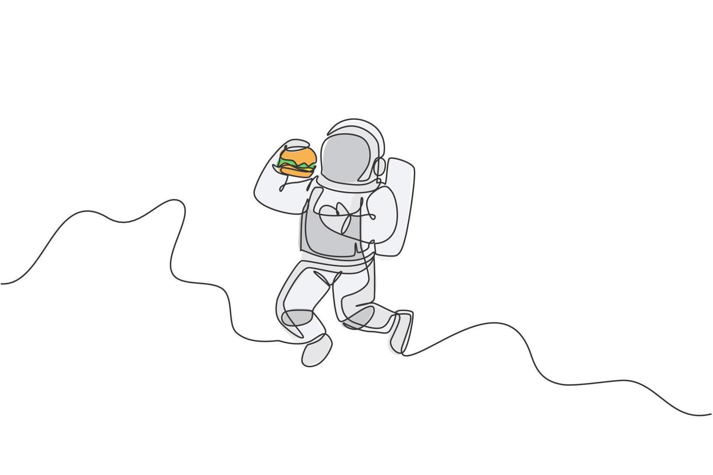 un dibujo de línea continua del cosmonauta comiendo una deliciosa hamburguesa fresca en el universo galáctico. concepto de vida de astronauta del espacio exterior de fantasía. Gráfico dinámico del ejemplo del vector del diseño del sorteo de una sola línea