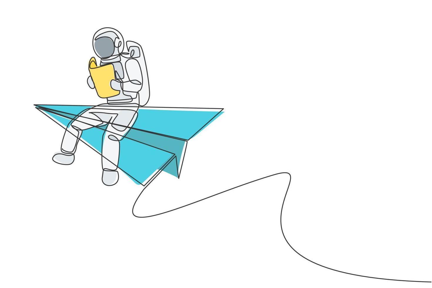 One continuous line drawing of young astronaut sitting on the edge of flying paper plane while reading a book. Cosmic galaxy space concept. Dynamic single line draw design graphic vector illustration