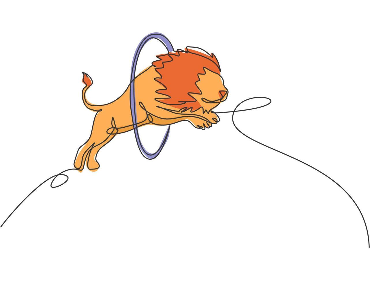 Single one line drawing of a lion jumping into the circle at a circus show. The trainer is watching carefully. Successful circus show concept. Continuous line draw design graphic vector illustration.