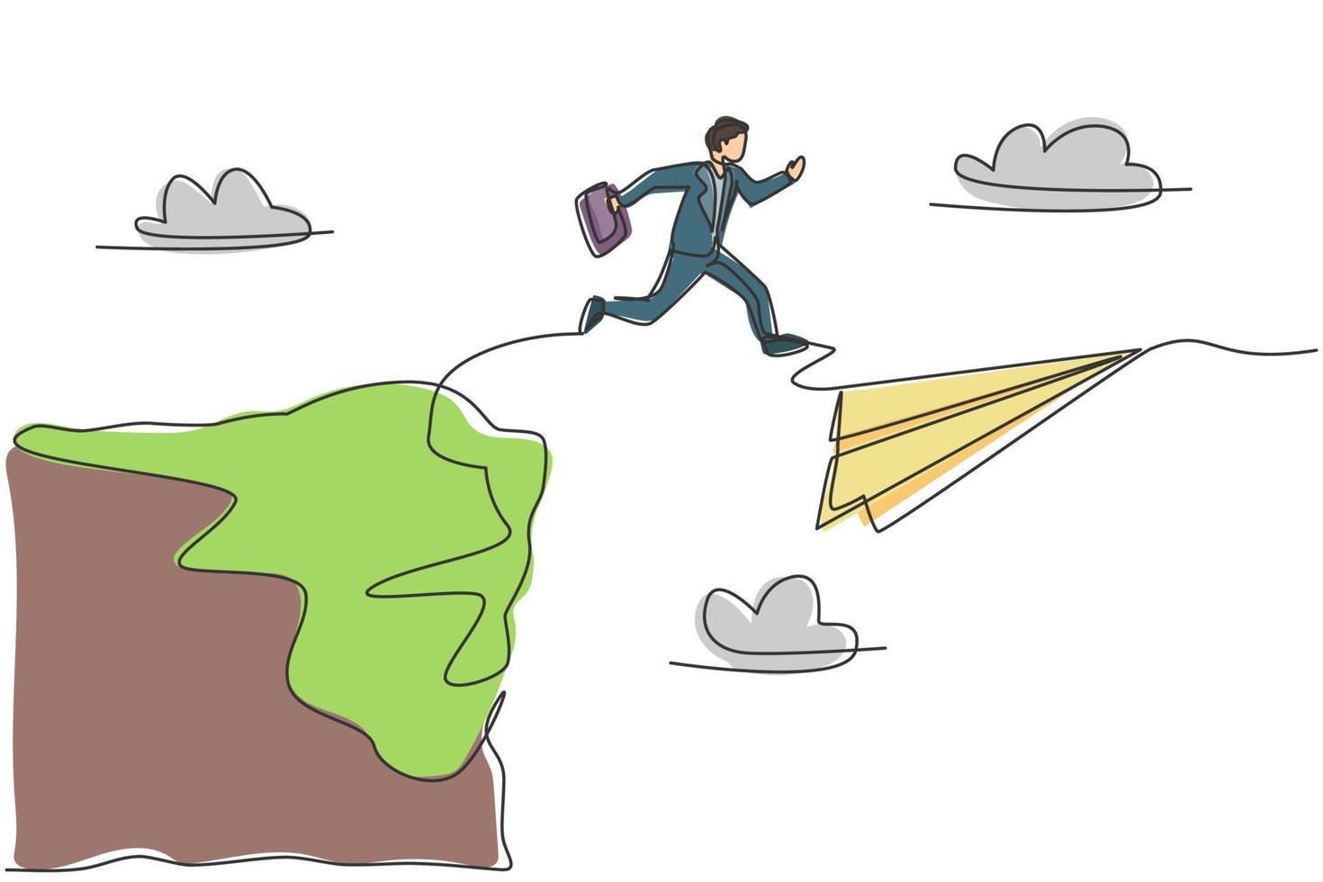 Single one line drawing young smart business man jumping from edge cliff into flying paper aircraft. Business metaphor concept. Modern continuous line draw. Minimal design graphic vector illustration