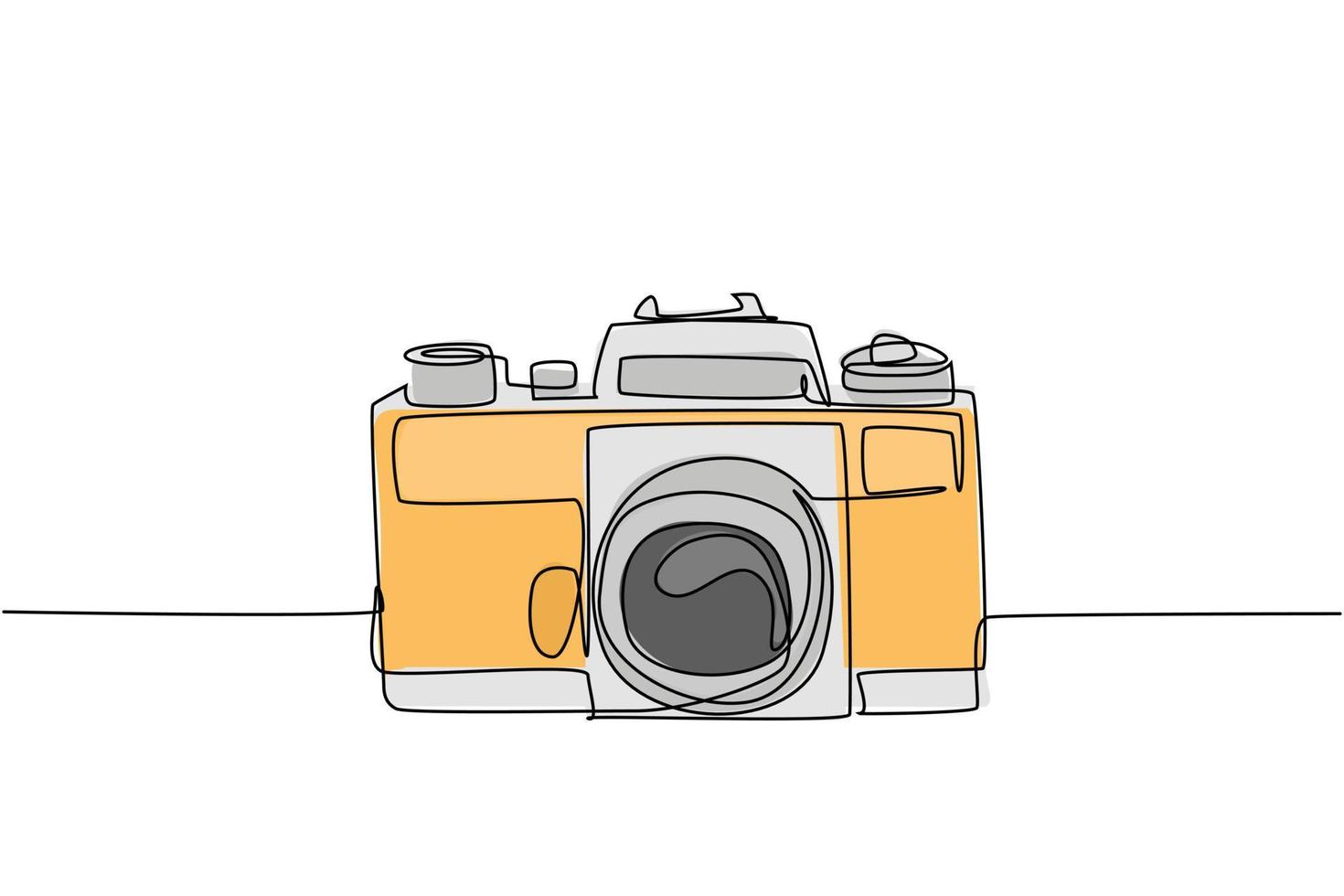 One continuous line drawing of old retro analog slr camera, front view
