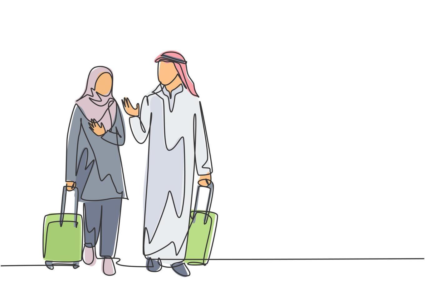 Single continuous line drawing of young male and female muslim managers talking after do business trip abroad. Arab middle east cloth kandura, thawb, hijab. One line draw design vector illustration