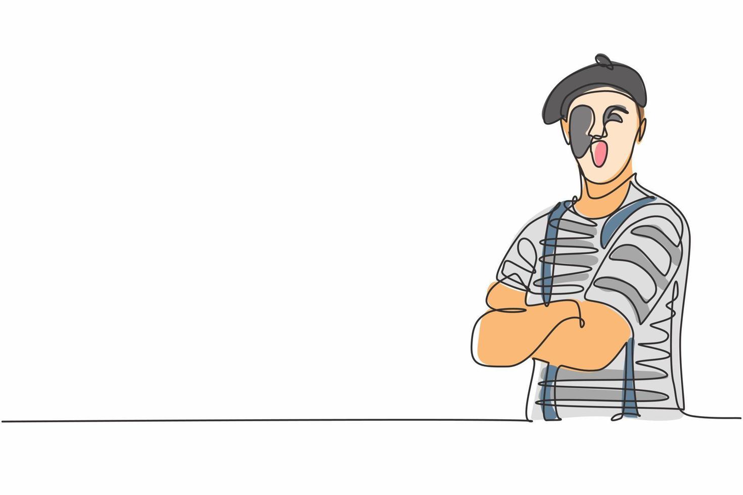 Single one line drawing of young male mime artist with stripped shirt pose cross arm on chest. Professional work and occupation minimal concept. Continuous line draw design graphic vector illustration