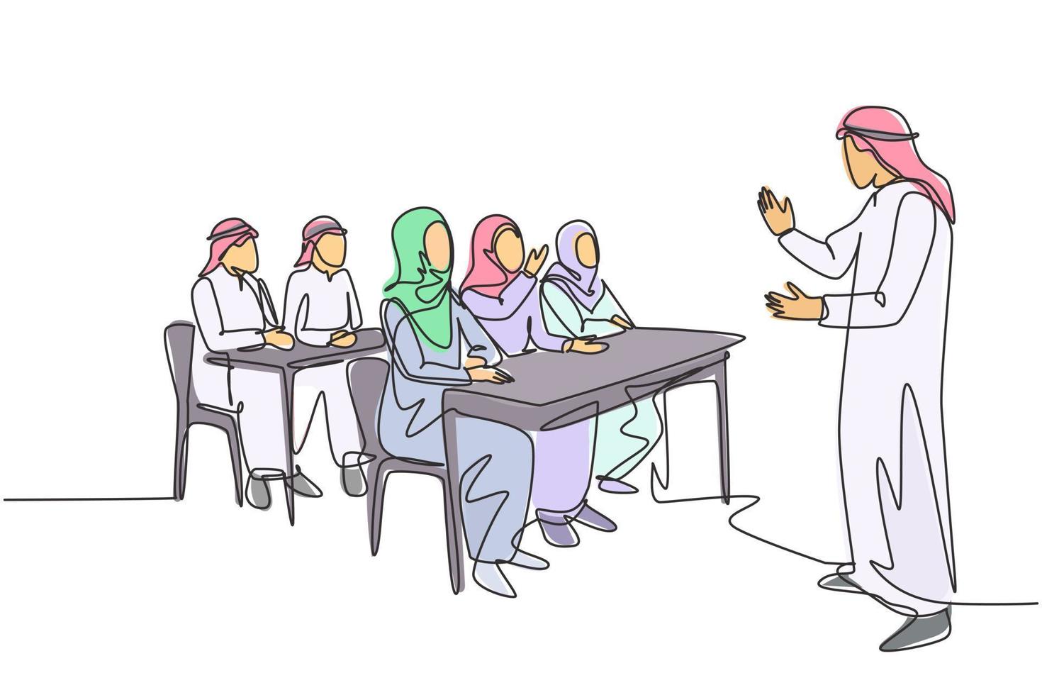 Single continuous line drawing of young muslim business founder do presentation during team meeting. Arab middle east cloth shmagh, kandura, thawb, robe. One line draw design vector illustration