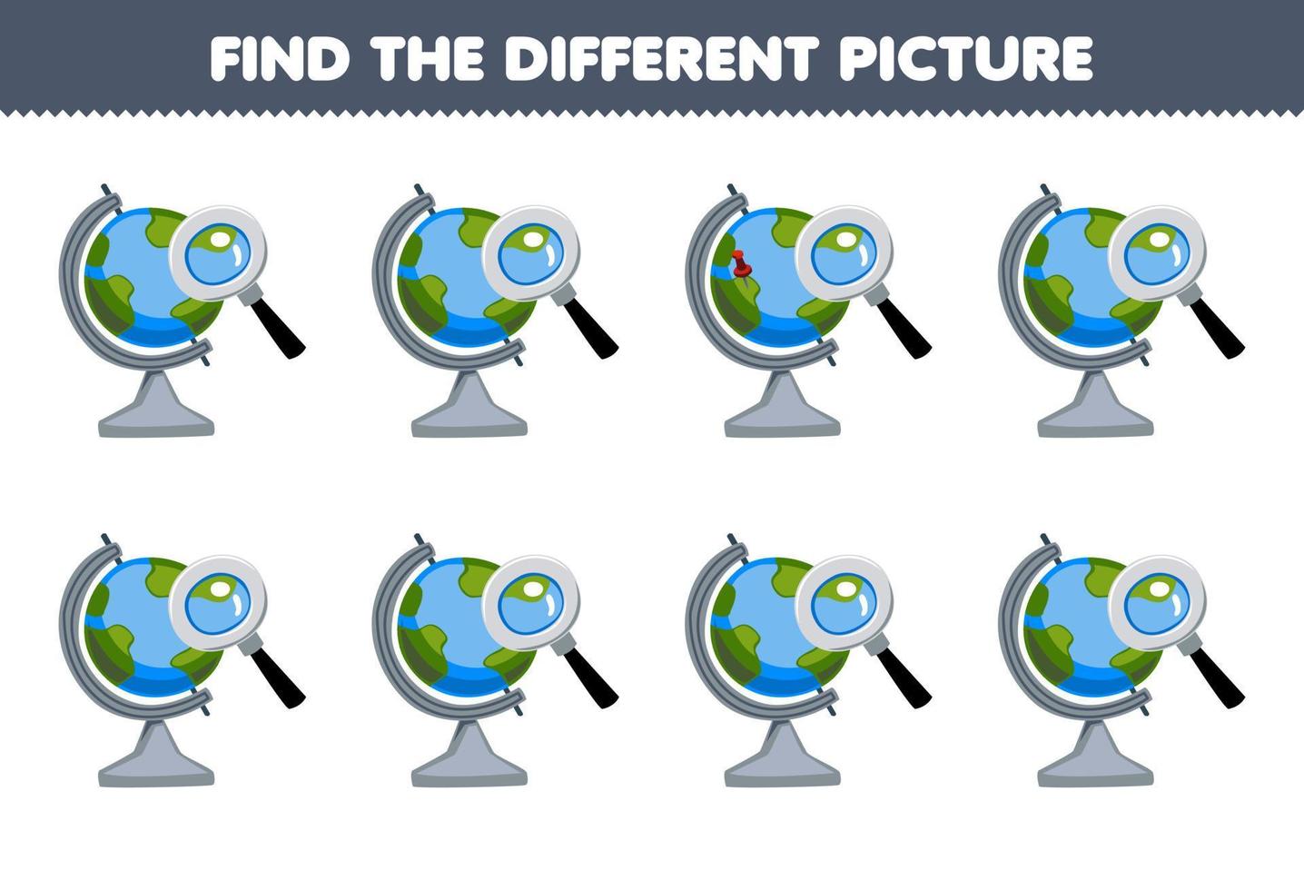 Education game for children find the different picture of cute cartoon globe and magnifier printable tool worksheet vector