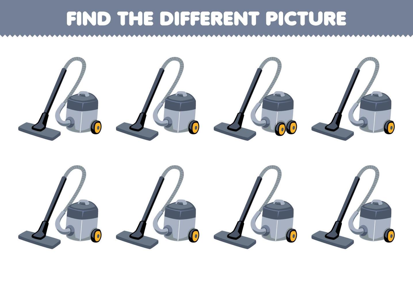 Education game for children find the different picture of cute cartoon vacuum cleaner printable tool worksheet vector