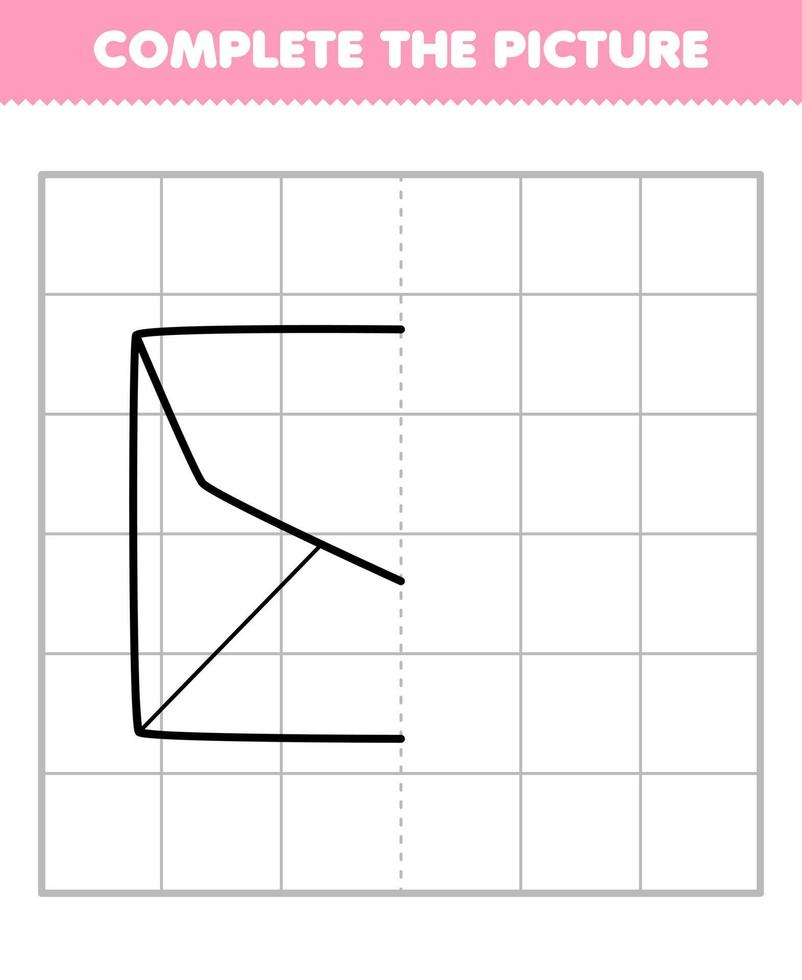 Education game for children complete the picture of cute cartoon envelope half outline for drawing printable tool worksheet vector