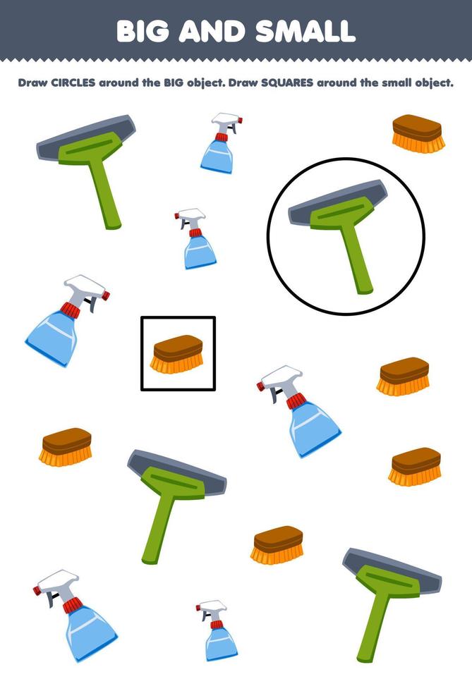 Education game for children arrange by size big or small by drawing circle and square of cute cartoon sprayer squeegee brush printable tool worksheet vector