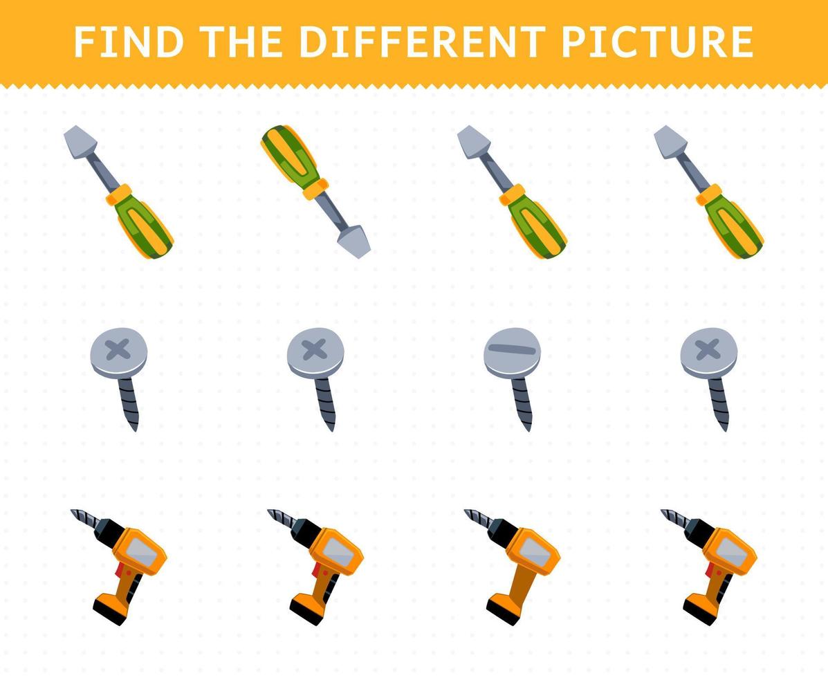 Education game for children find the different picture in each row of cute cartoon screwdriver screw drill printable tool worksheet vector