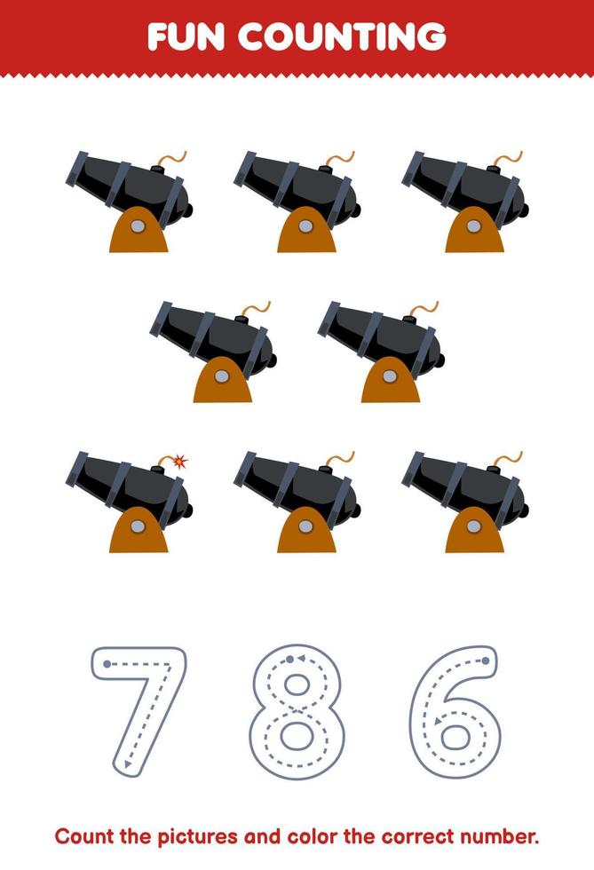 Education game for children count the pictures and color the correct number from cute cartoon cannon printable pirate worksheet vector