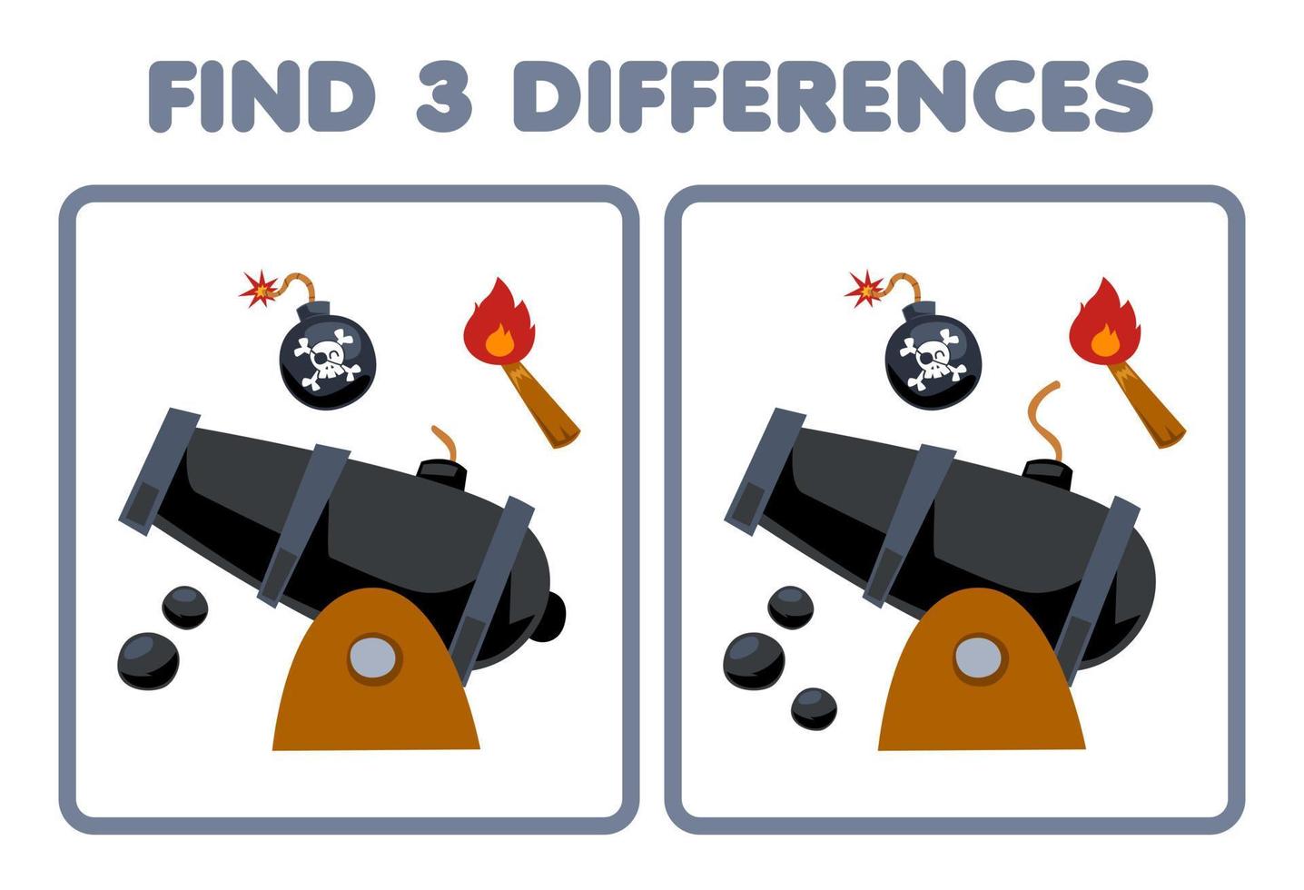 Education game for children find three differences between two cute cartoon bomb cannon and torch printable pirate worksheet vector