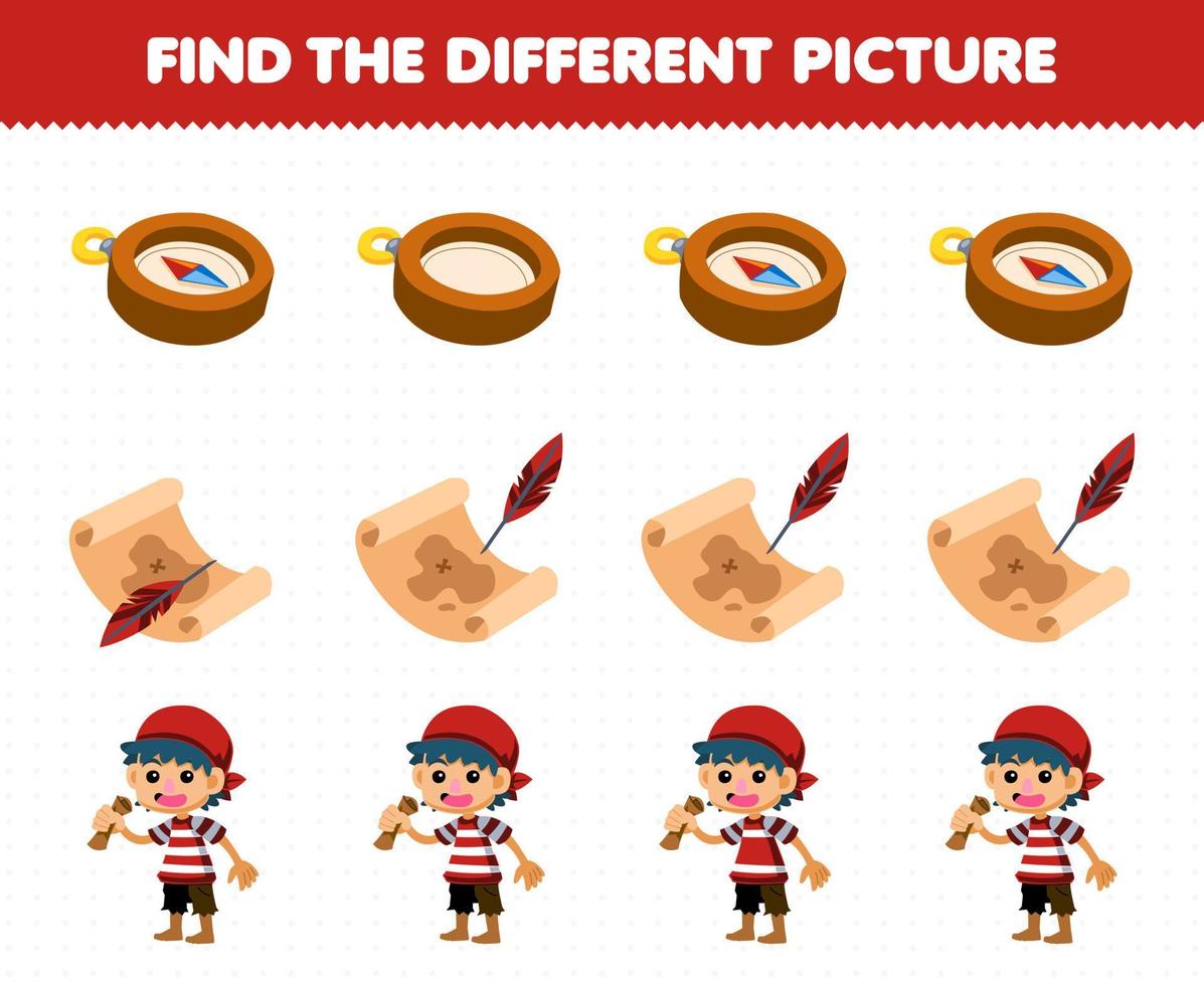 Education game for children find the different picture in each row of cute cartoon compass treasure map and boy printable pirate worksheet vector