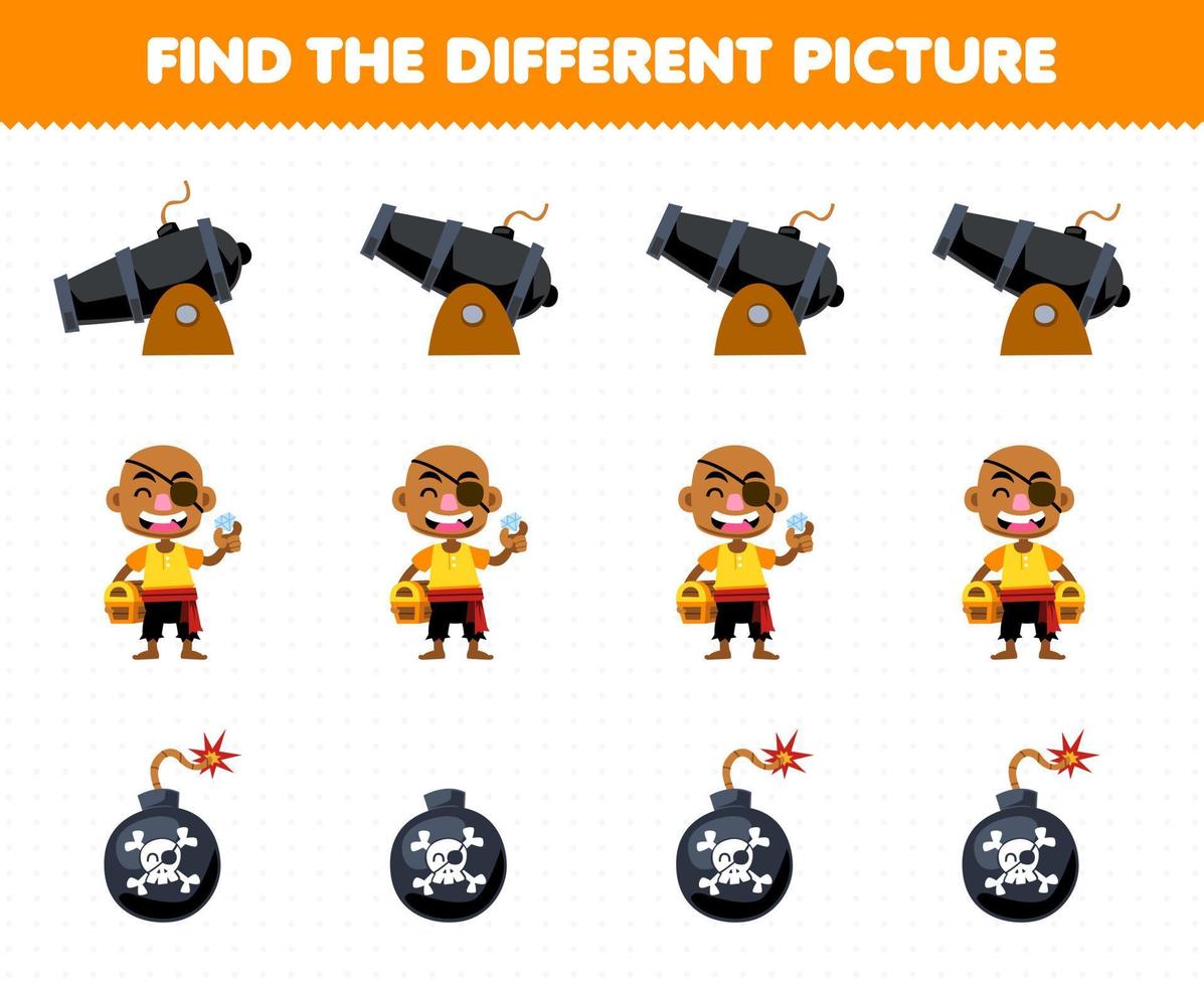 Education game for children find the different picture in each row of cute cartoon cannon bald man and bomb printable pirate worksheet vector