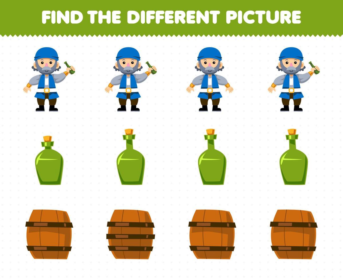 Education game for children find the different picture in each row of cute cartoon old man bottle and barrel printable pirate worksheet vector