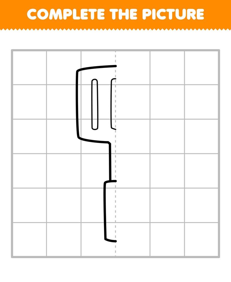 Education game for children complete the picture of cute cartoon spatula half outline for drawing printable tool worksheet vector