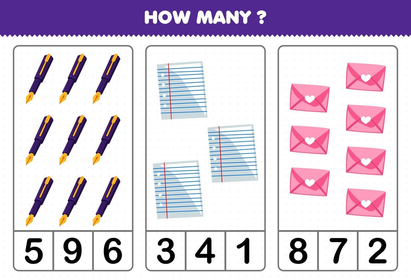 Education game for children counting how many cute cartoon pen paper envelope picture printable tool worksheet vector