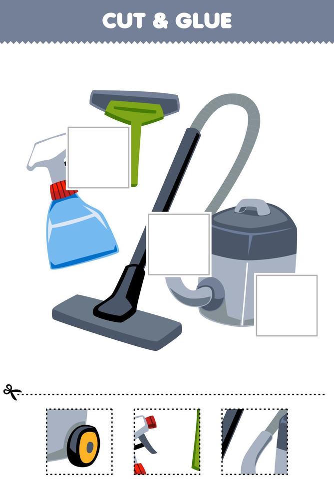 Education game for children cut and glue cut parts of cute cartoon squeegee sprayer and vacuum cleaner picture printable tool worksheet vector