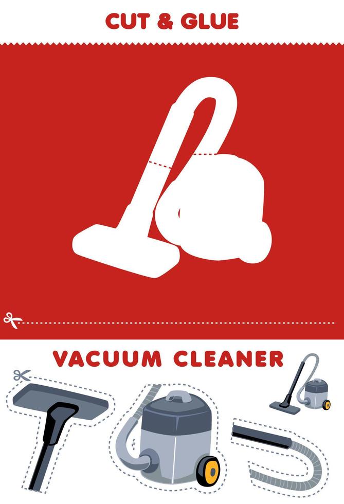 Education game for children cut and glue puzzle of cute cartoon vacuum cleaner picture printable tool worksheet vector